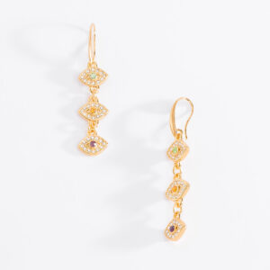 ✨ Aretes Largos en Forma de Ojito con Garfio en Baño de Oro - PIEDRAS CRISTAL, VERDE CLARO, ÁMBAR y AMATISTA ✨