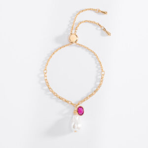 ✨ Pulsera de Perlas Ajustable en Baño de Oro con Piedra Rosa y Perla Crema ✨