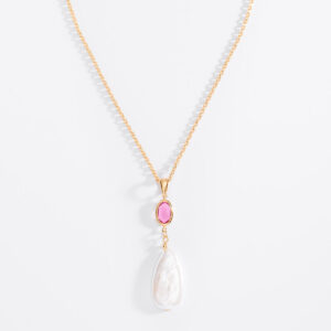 Collar con Dije en Baño de Oro y Piedras Rosa y Crema - 42 cm + 10 cm de Extensión